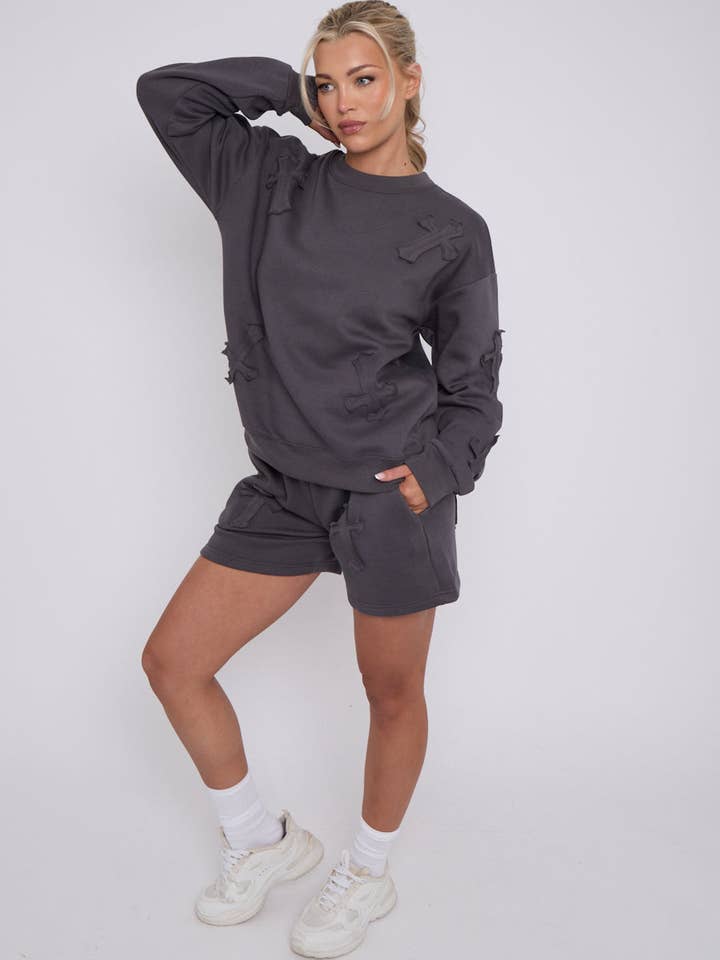 AX Labels - Wholesale Lounge Set - Women's - Crucifix Embroidered Sweatshirt & Shorts Fleece Co-ord13