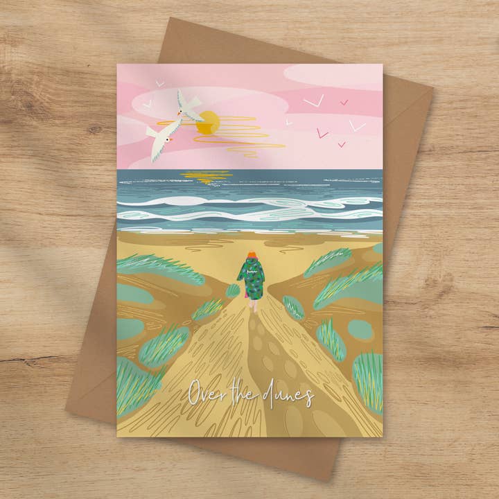 Onneke – wholesale Everyday greeting card – Over the dunes greeting card - wild swimming card dry robe