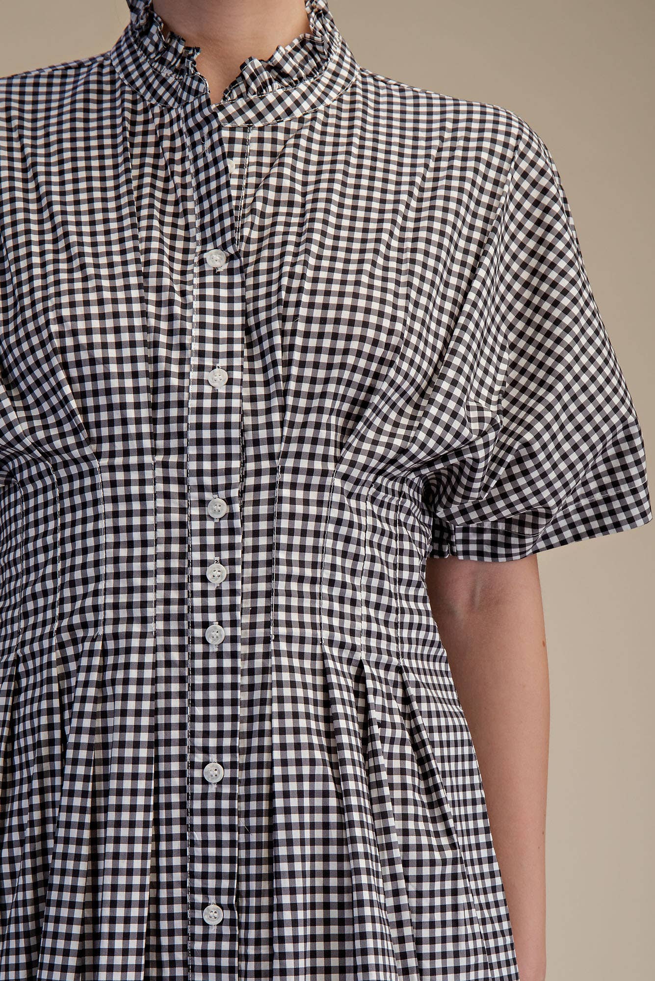 Glam - Wholesale Dress - Women's - Gingham Check Ruffle Neck Waist Pleated Midi Dress5