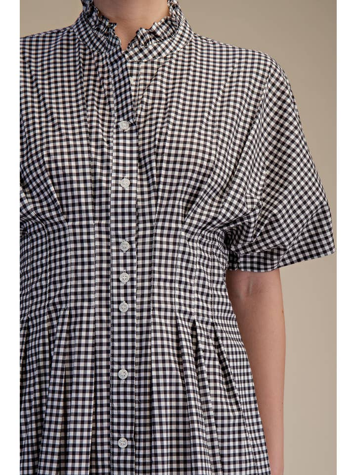 Glam - Wholesale Dress - Women's - Gingham Check Ruffle Neck Waist Pleated Midi Dress5