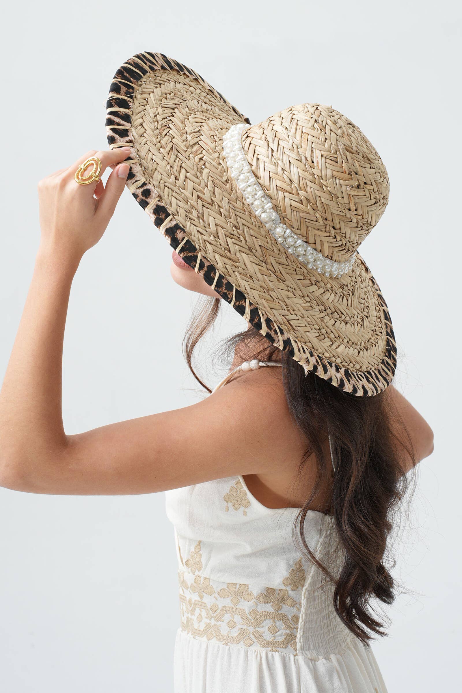 Beaded Straw Hat with Leopard Trim H29260 for wholesale on Faire