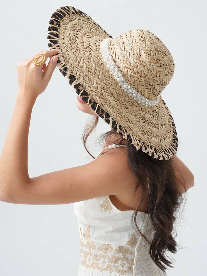 Beaded Straw Hat with Leopard Trim H29260 for wholesale by PHANIE MODE