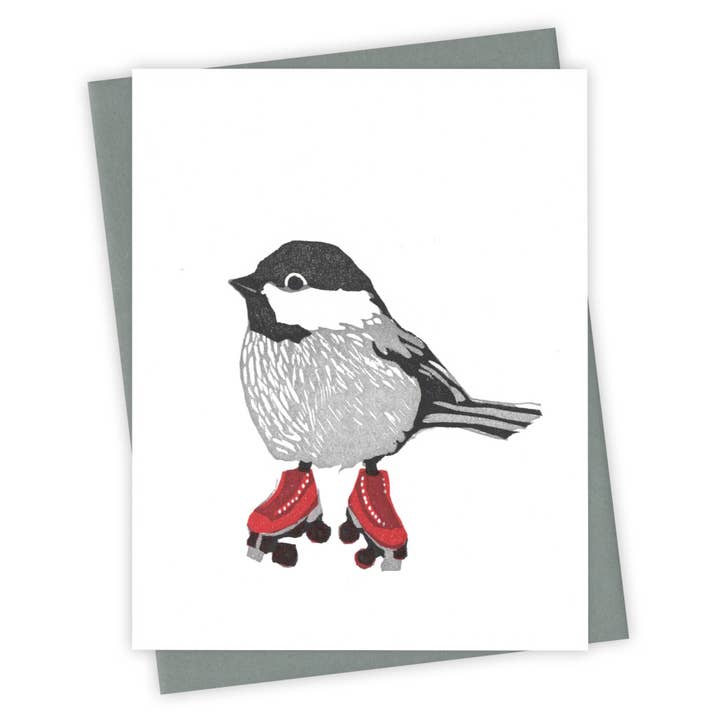 Roller Rink Chickadee Card for wholesale by Burdock & Bramble