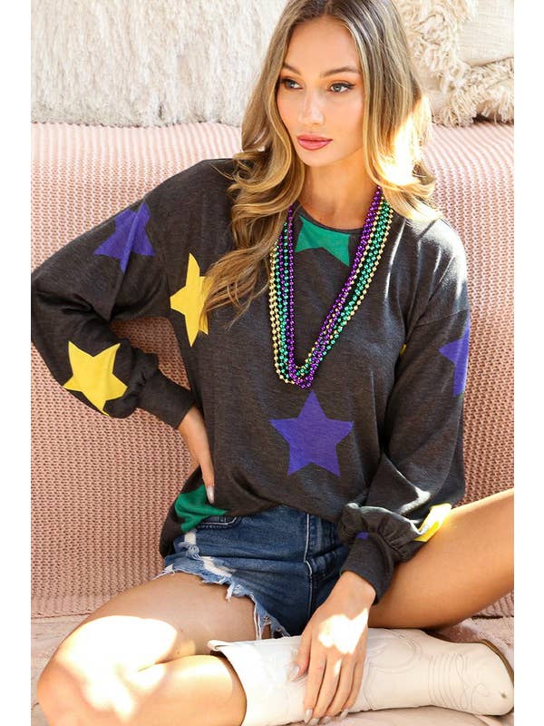 Vine & Love - Wholesale Sweatshirt - Women's - Mardi Gras Crew Neck Long Sleeve Star Jersey Top VT81357DP4