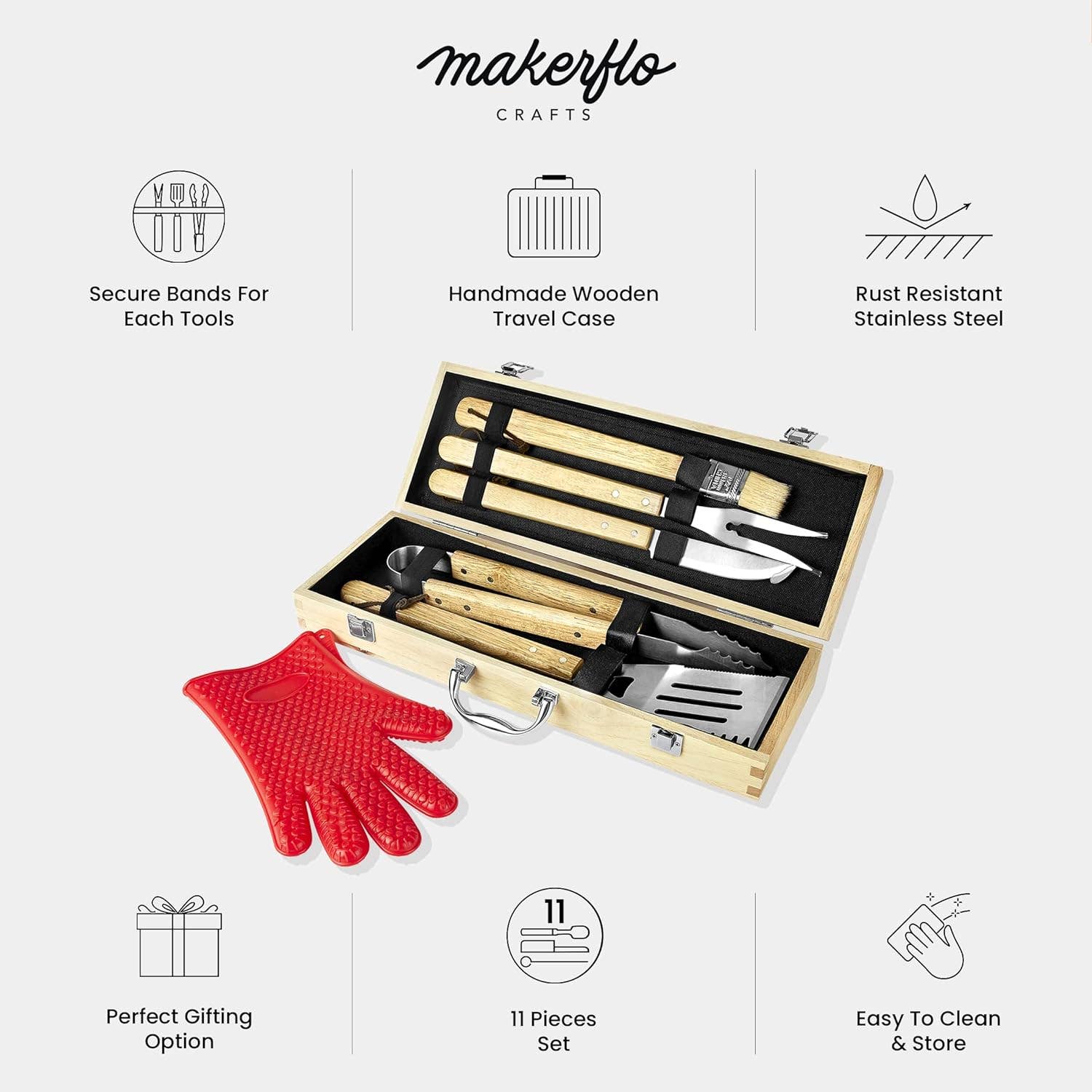 MakerFlo - Vente Outil de gril pour l'extérieur - Set de barbecue MakerFlo - 11 pièces idéal pour la gravure au laser6