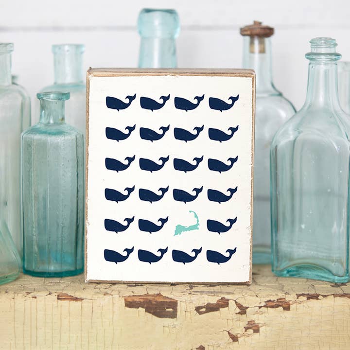 Repeating Whales Cape Cod Decorative Wooden Block for wholesale by Rustic Marlin Personalized Home Decor