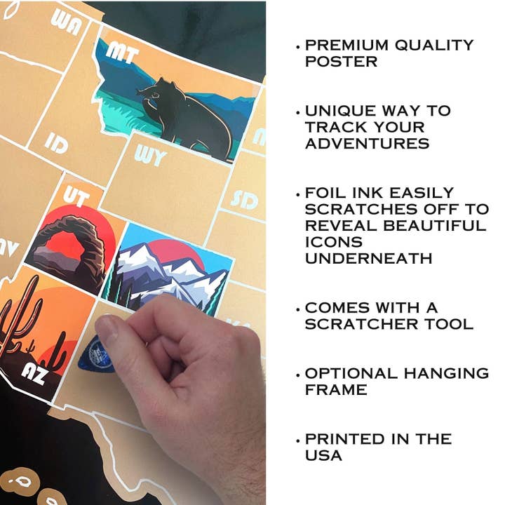 Track Your Adventures - Wholesale Map - 50 States Scratch Off Map with Colorful Graphics
