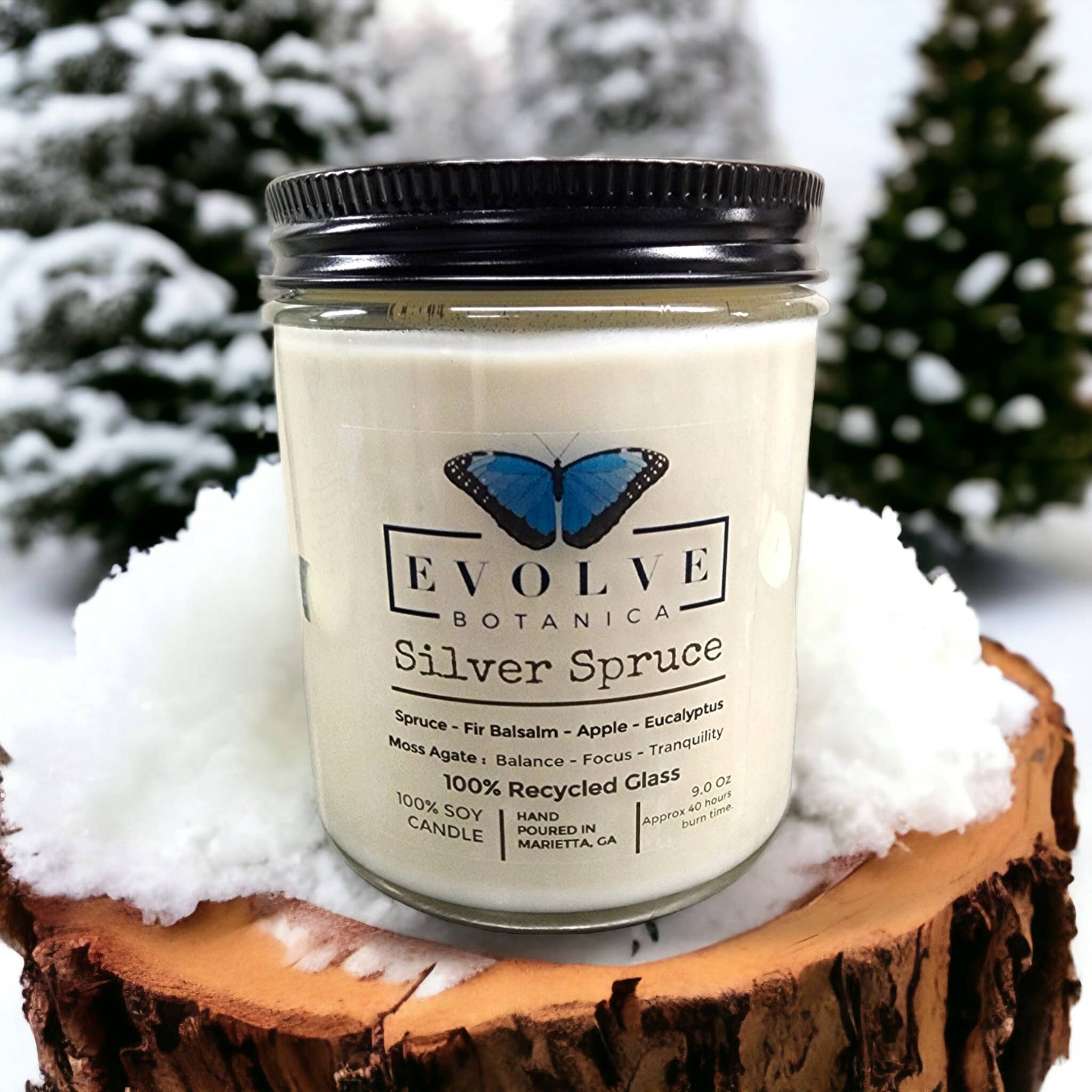 Evolve Botanica - Wholesale Jar/Filled Candle - Wood Wick Crystal Soy Candle Jar - Silver Spruce Moss Agate3