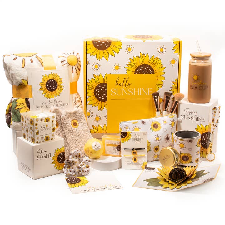 The Love Crate Co. - Wholesale Gift Box - The Love Crate Co Sunflower Gifts for Women, 15pc Custom Gift Box for Women. Get Well Soon Gift Baskets for Women, You Are My Sunshine Gifts, Care Package For Women Thinking of You, Wellness Gifts.