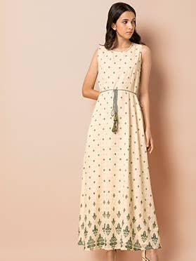 Maxi túnica con cinturón estampado marfil para venta al por mayor de Indya