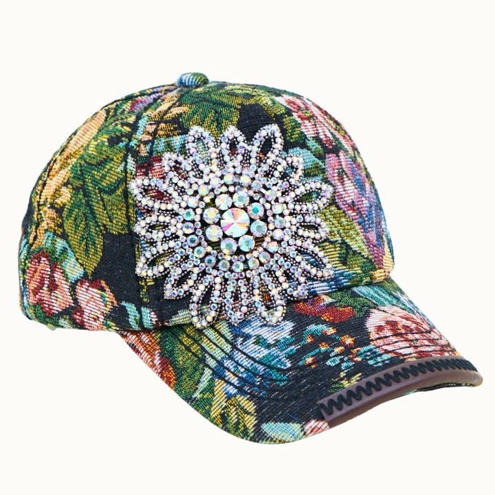Olive & Pique - Wholesale Baseball Cap - Women's - Tapestry Sunflower Bejeweled Floral Glitz Cap, Adjustable