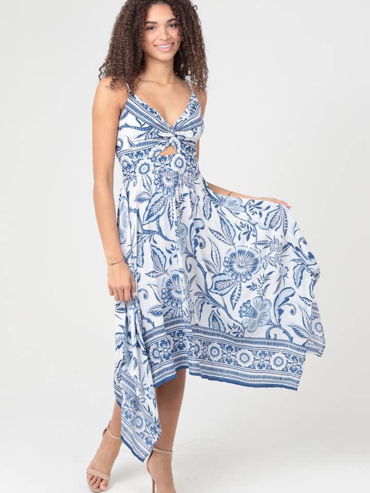 C4921-A991 V NECK FLORAL PRINT TWIST FRONT DRESS for wholesale by ANGIE