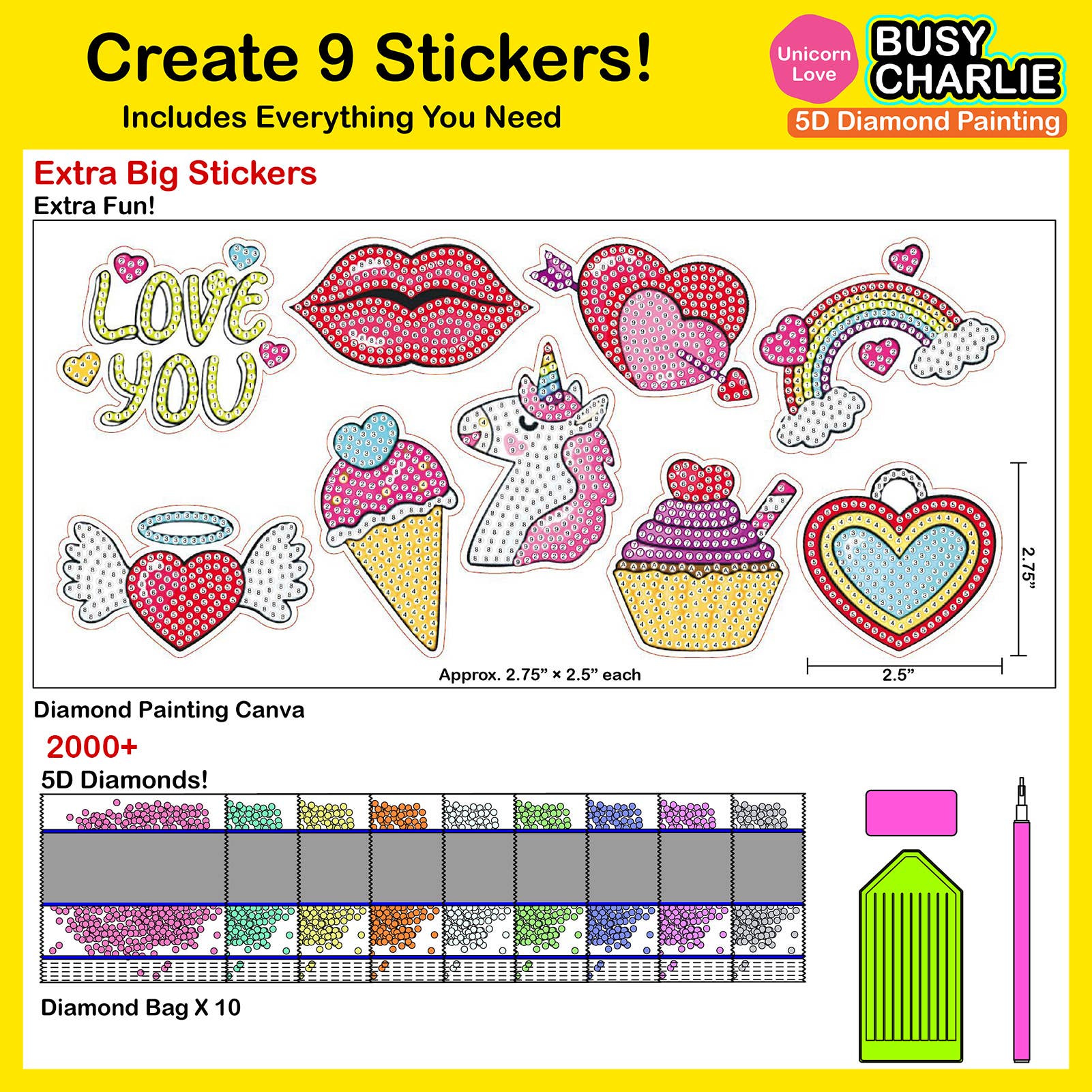 Busy Charlie LLC – Kit de artesanato DIY - Criança por atacado – Kit de pintura de diamante 5D para crianças - Unicorn Love1