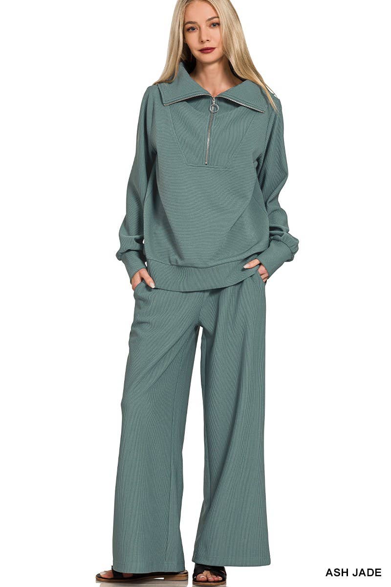 Vanilla Monkey - Wholesale Top & Pant Set (NOT Loungewear) - Women's - Ribbed High Neck Half Zip Pullover And Pants Set0