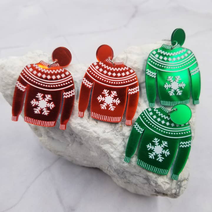Mirror Acrylic Sweater Christmas Earrings for wholesale by The Pretty Jewellery