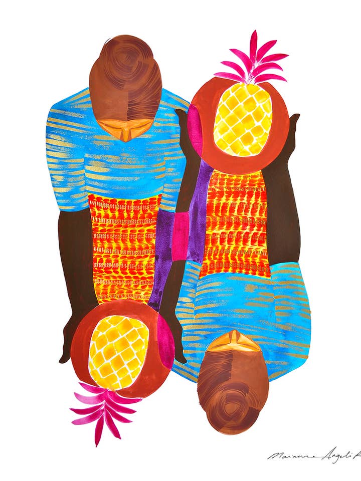OFFERINGS BLUE/ORANGE PINEAPPLES PRINT for wholesale by Marianne Angeli Rodriguez Gallery