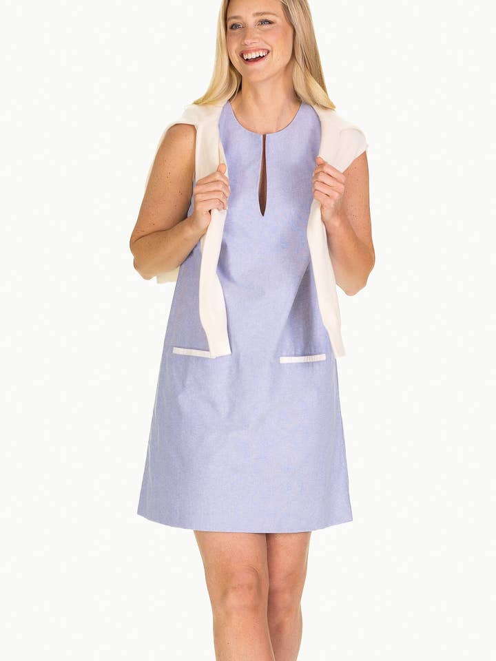 Gwynn Shift Dress in Blue Oxford for wholesale by Duffield Lane