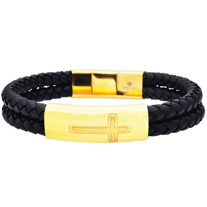 Men's Gold S.steel Black Leather Cross Bracelet for wholesale by Blackjack Mens Jewelry