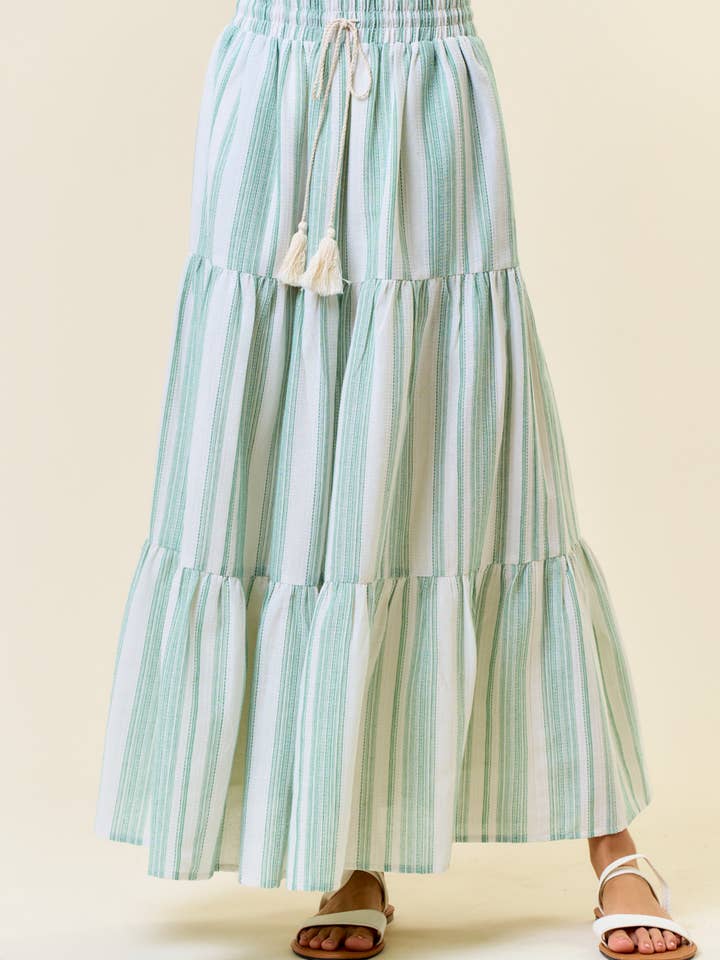 Cotton Striped Elastic Waist Tiered Maxi Skirt - 6541S for wholesale by Doe and Rae