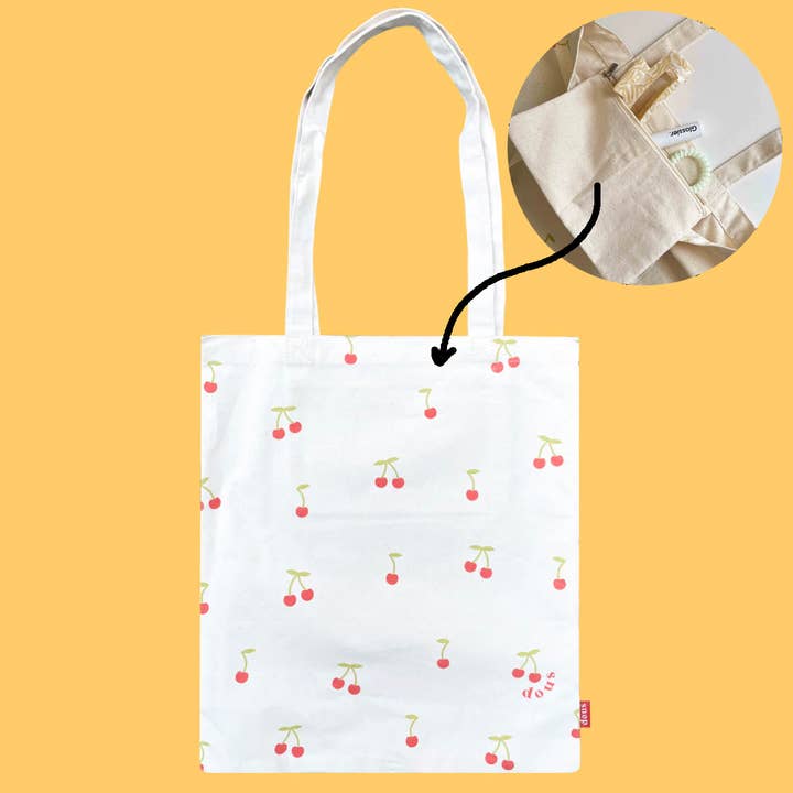 Baumwoll-Canvas-Tragetasche mit Kirschdruck und Reißverschlusstasche für den Großhandel von Dous