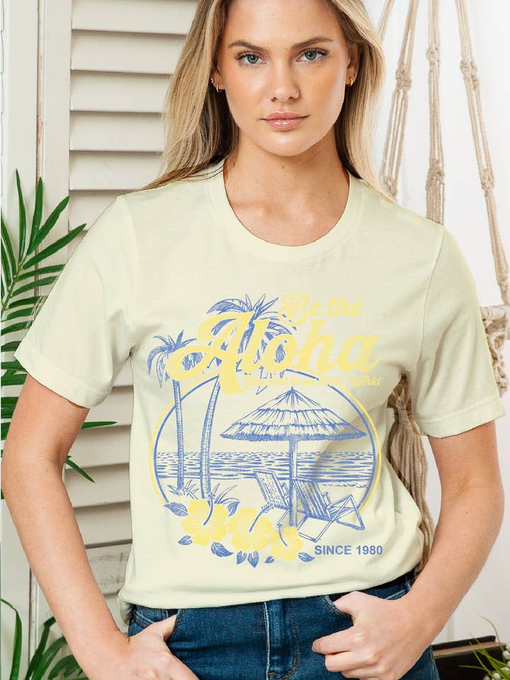 BT8363-T Maglietta Donna Aloha Grafica a Maniche Corte Tinta Unita per la vendita all'ingrosso da parte di BouTeeQue Closet