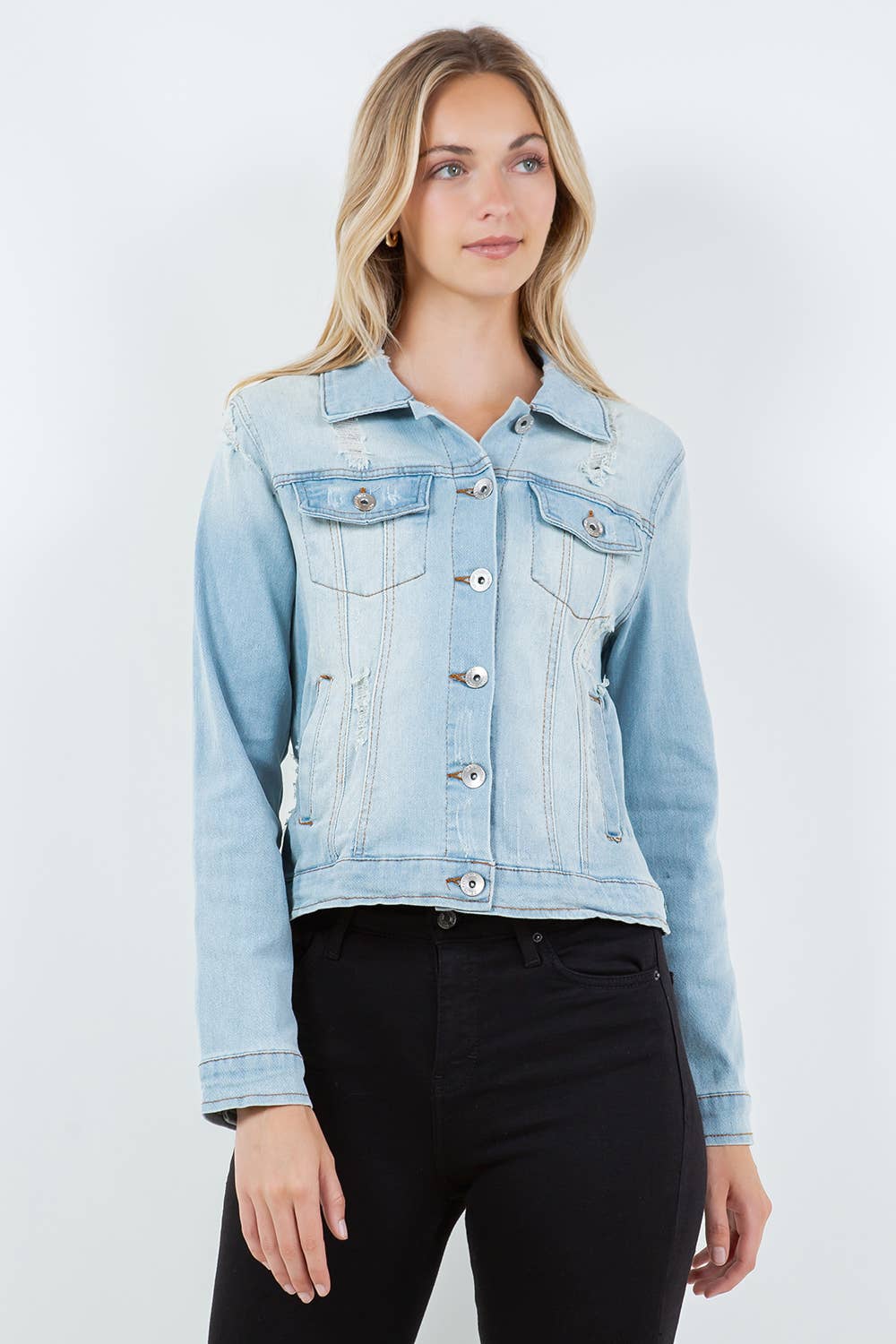 Veracci – Casaco de ganga - Mulher por atacado – Jaqueta jeans trucker clássica com stretch8