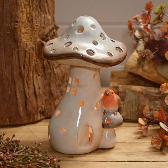 Woodland Rustic Ceramic Mushroom with Robin Tea Light Holder for wholesale by Langs