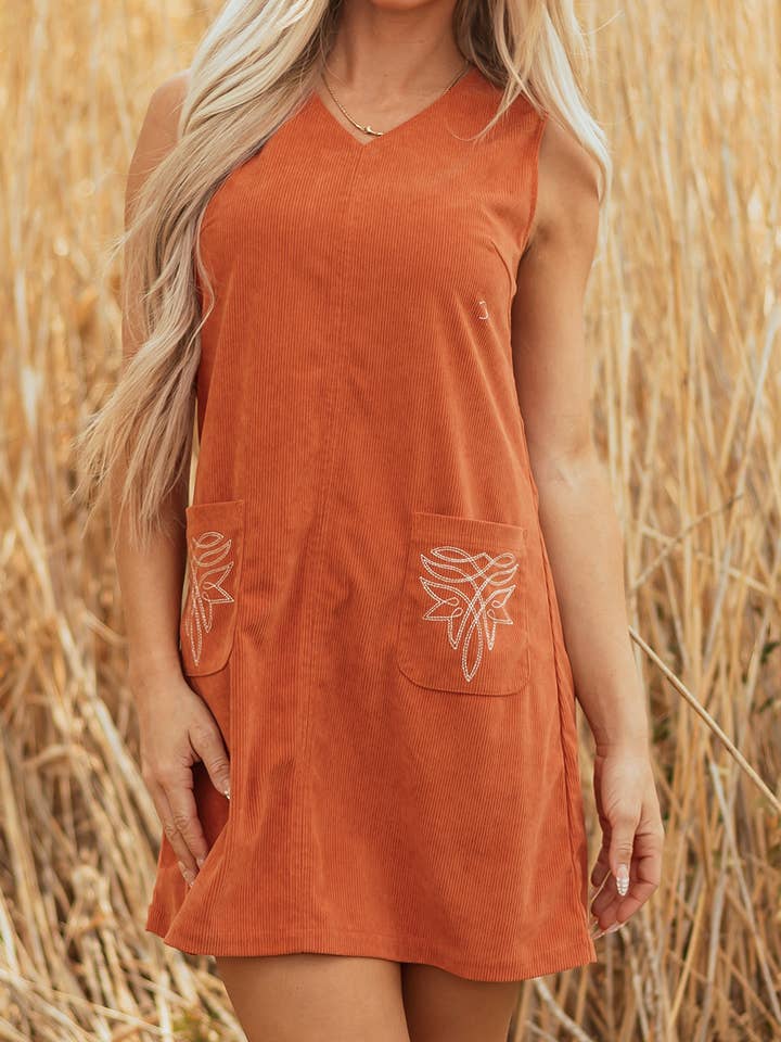 Corduroy Embroidered Patched Pocket Shift Sleeveless Dress for wholesale by FULL TIME PURCHASE