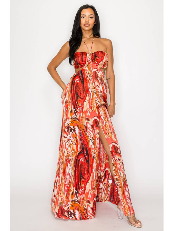 ARRUGGINIRE MAXI ABITO IN RASO STAMPATO CON SPACCO SUL PETTO DM2720 in vendita all'ingrosso su Faire1