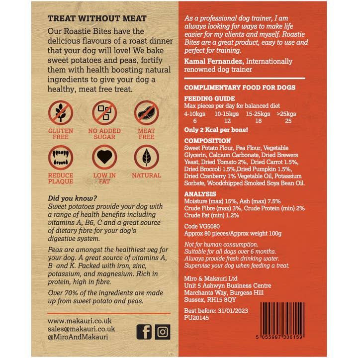 Miro & Makauri – wholesale Pet treats – Dog – Vegan Dog Treats - Maks Patch "Roastie Bites" Training Dog Treats - 100g6