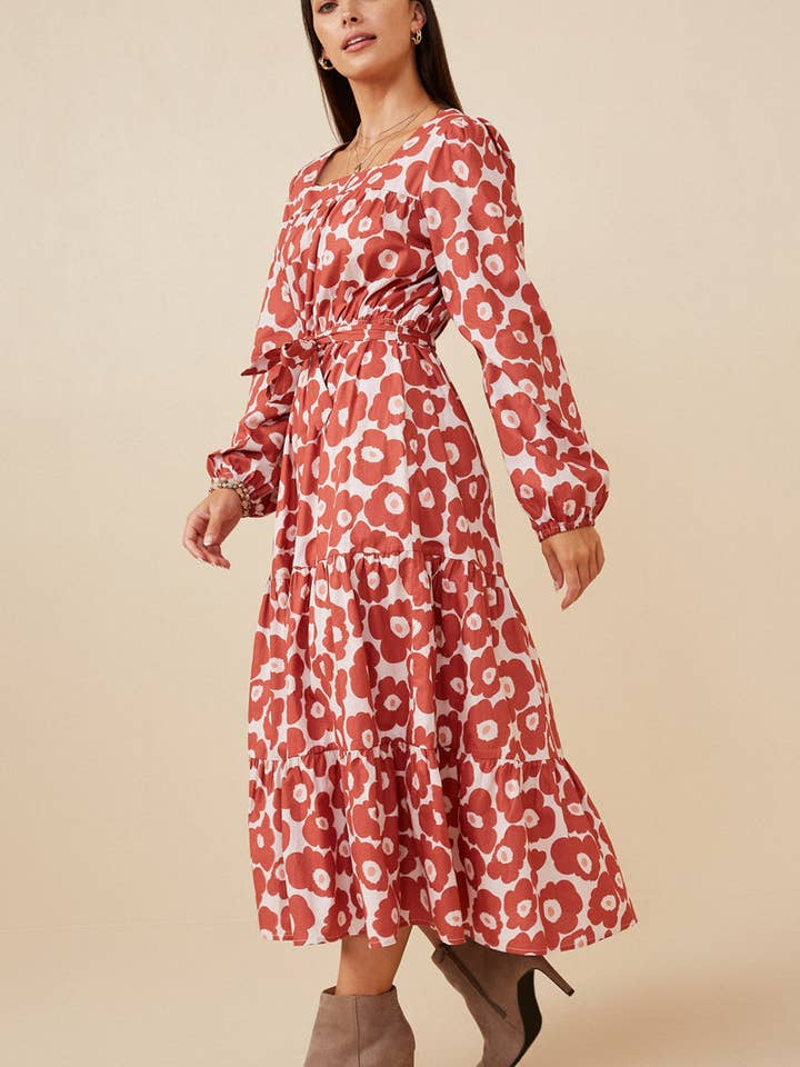 Malva Vestido con cuello cuadrado con cinturón y estampado floral atrevido para mujer de venta al por mayor en Faire3