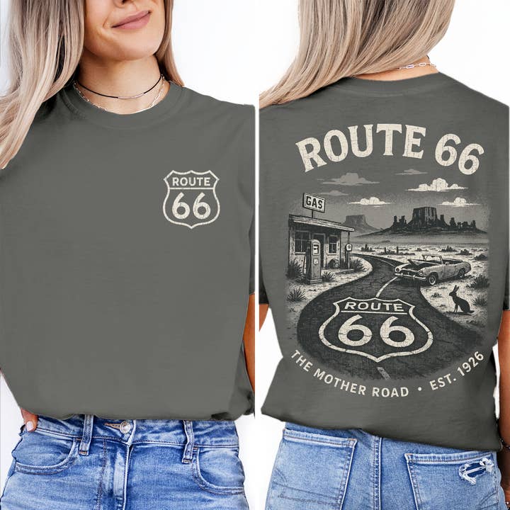 Textile Graphix - Wholesale Screen printed t-shirt – unisex - Route 66 Tee – Customizable Retro Desert Travel Shirt1