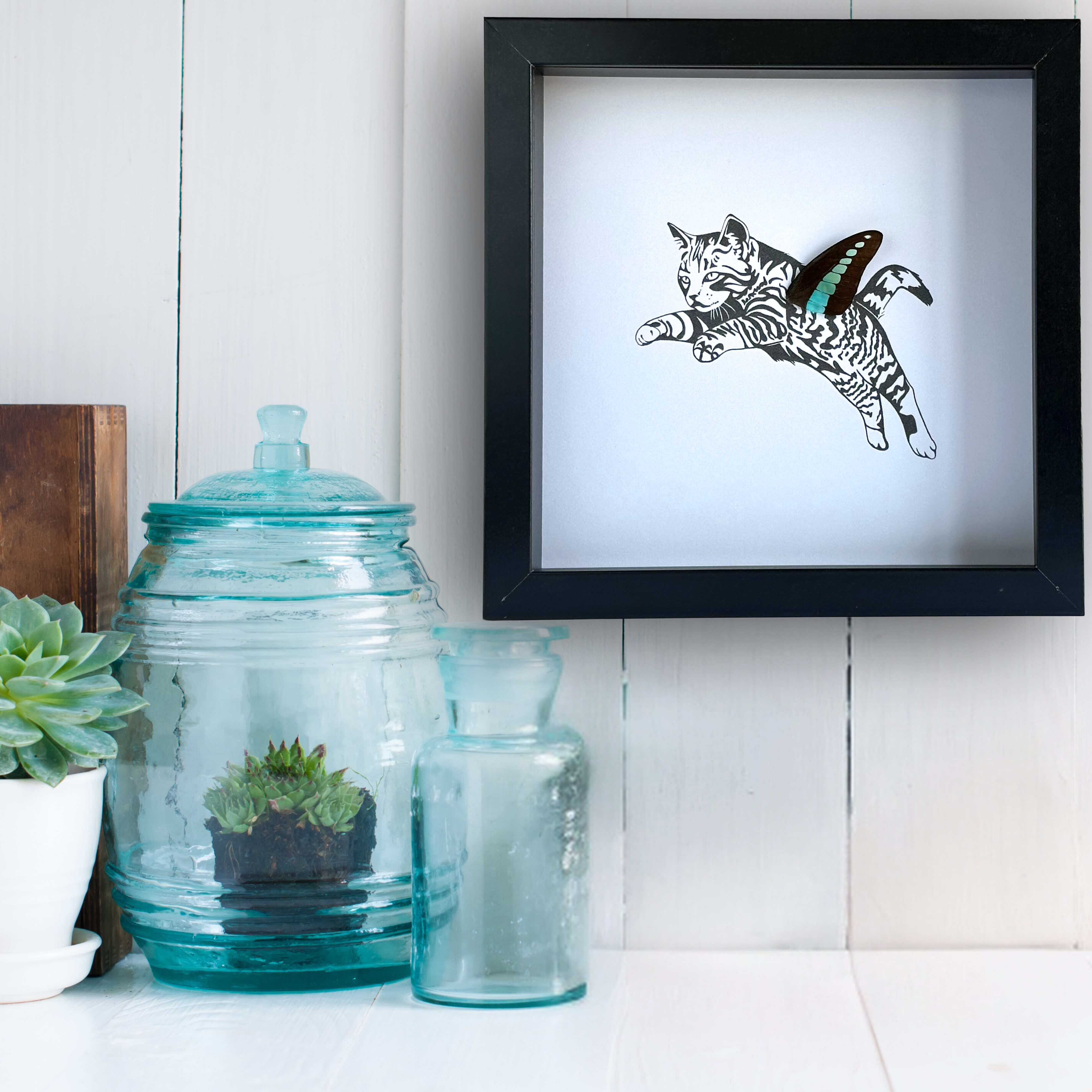 Isms - Wholesale Art Print - Tabby Cat Framed Art with Real Butterfly Wing1