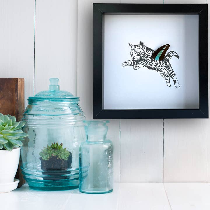 Isms - Wholesale Art Print - Tabby Cat Framed Art with Real Butterfly Wing1