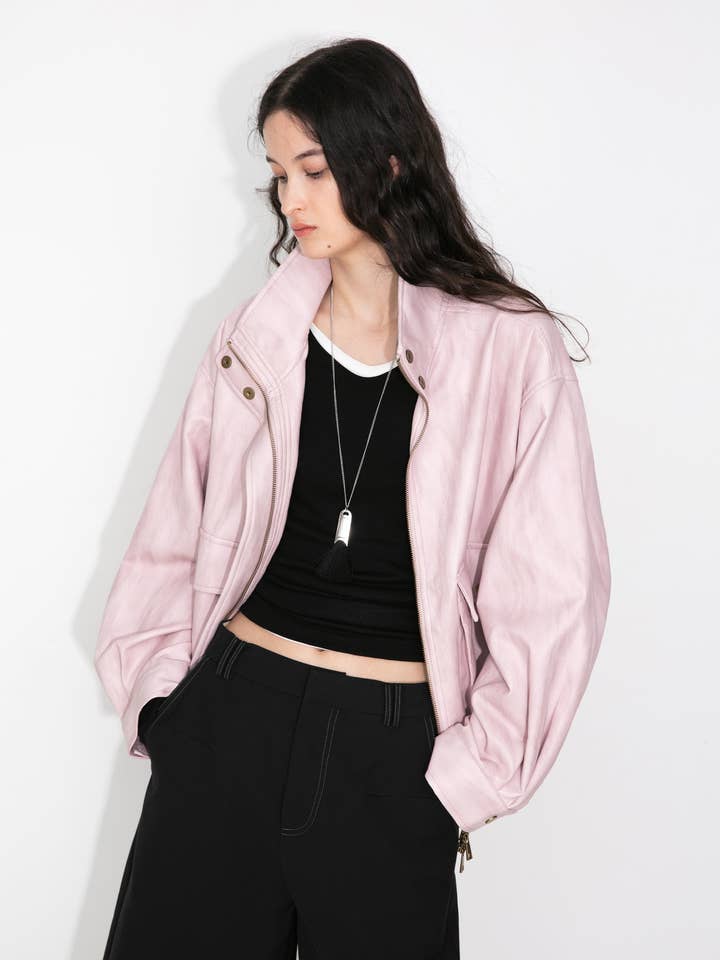 Giacca vintage in finta pelle con collo alto per la vendita all'ingrosso da parte di CUBIC