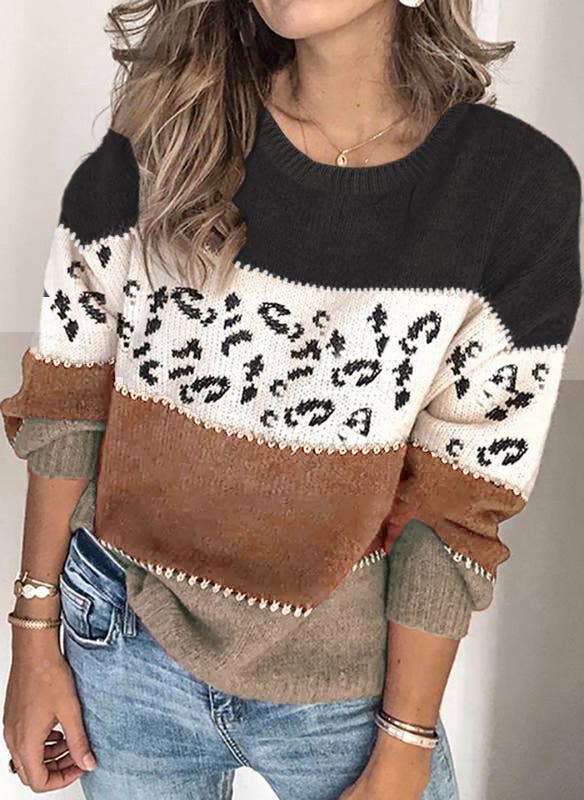 Lily Clothing - Wholesale Knit Sweater - Women's - LEOPARD PRINT PATCHWORK FASHION KNIT PULLOVER5
