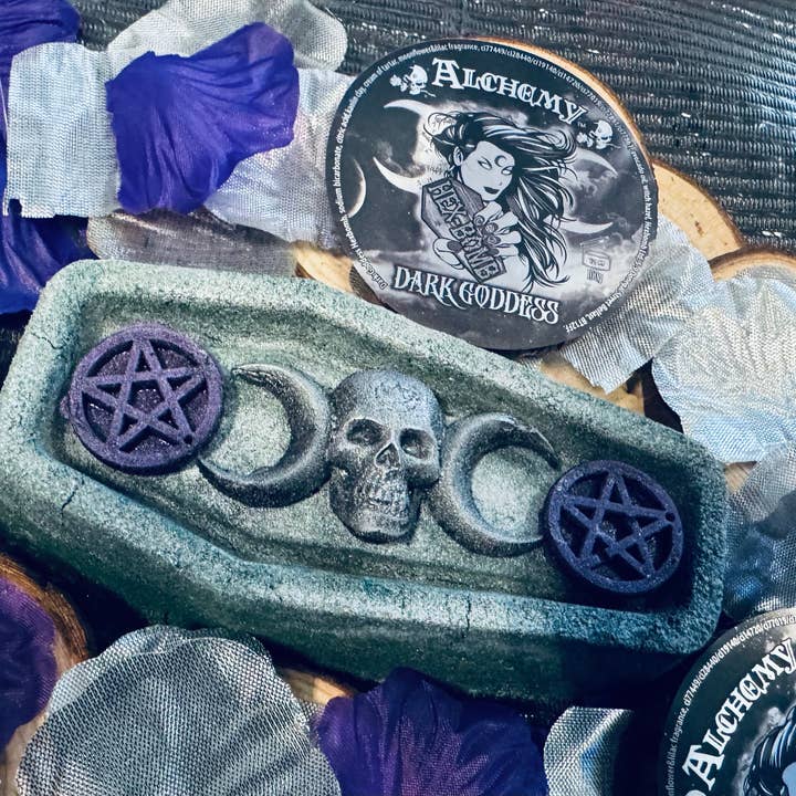 Dark Goddess coffin Hexbomb x Alchemy England collab bathbomb 120g for wholesale by Hexbomb ltd