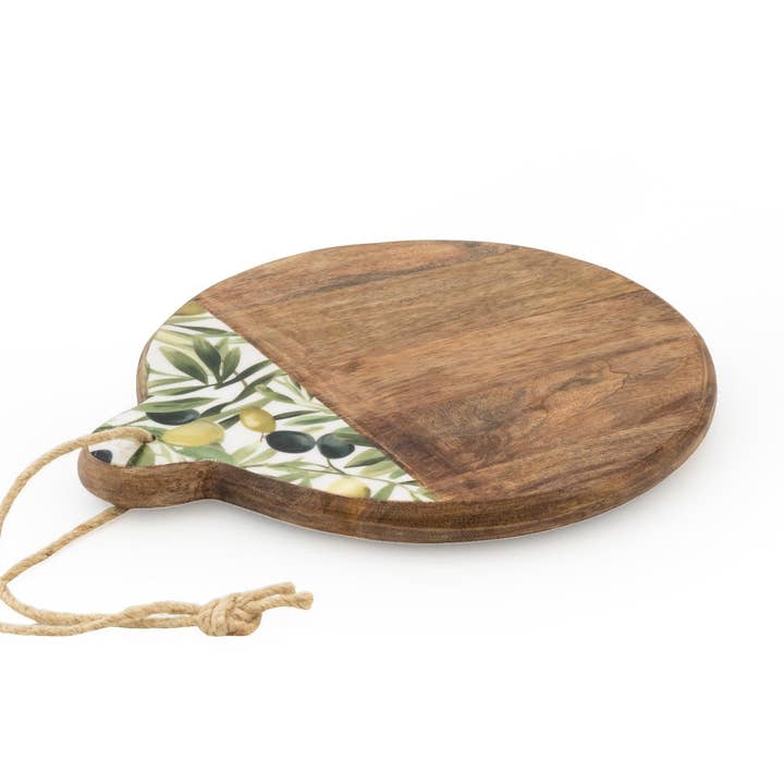 CHOPPING BOARD MANGO WOOD WITH ENAMEL PRINT OLIVES for wholesale by Candlelight Products Ltd