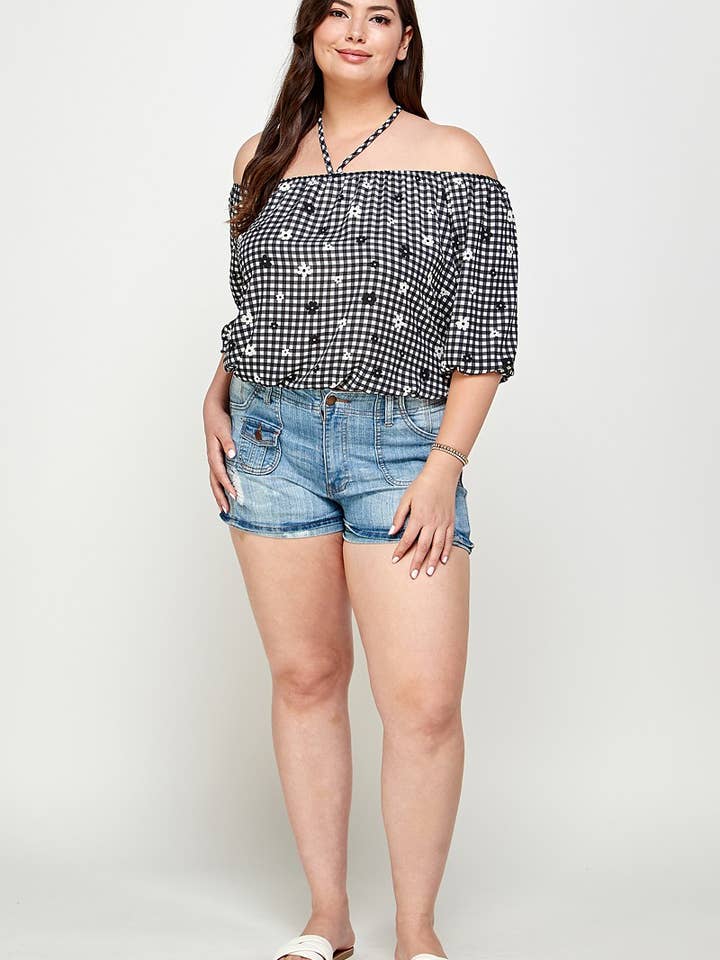 Plus Size Checker Off Shoulder Halter Top - WG17823-4T for wholesale by Haute Fox Plus Size & Contemporary