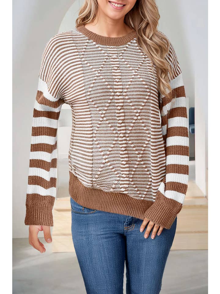 66DISCO - Wholesale Knit Sweater - Women's - Stripe Geometric Textured Long Sleeve Knit Sweater (S-2XL)