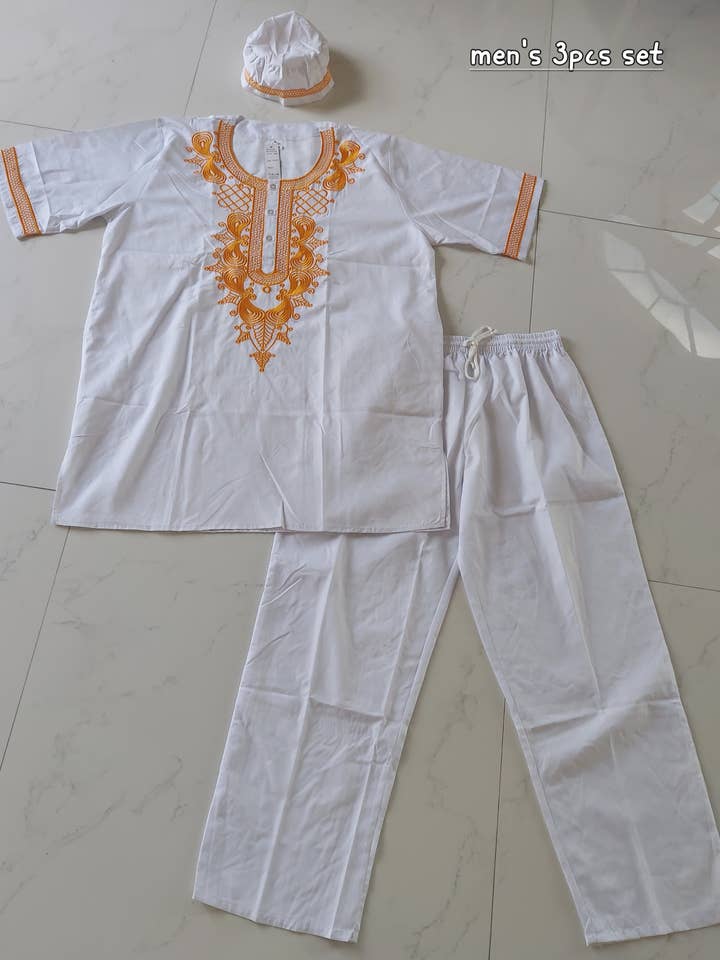 Men's 3Pcs Embroidery Set- white for wholesale by India Batik