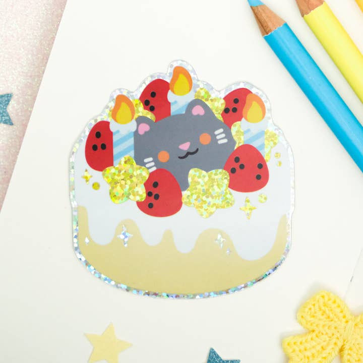 Birthday Cake Cat Glitter Sticker pour la vente par Sparkles in the Wild
