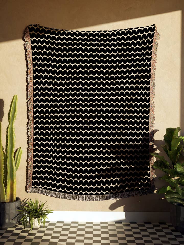 Mid Century Wavy Stripes Black And Beige Pattern Woven Cotton Throw Blankets for wholesale by TaylorBassam