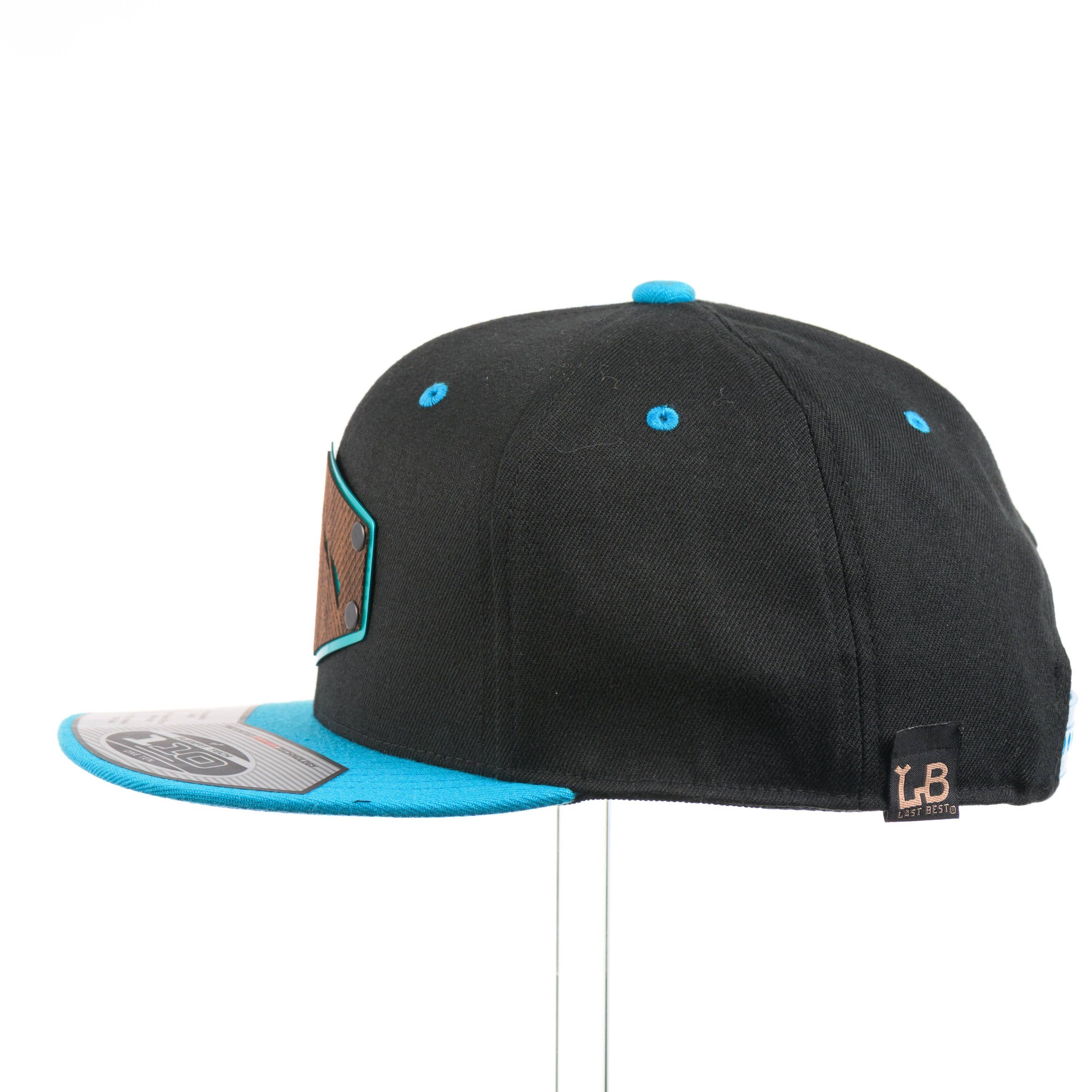 Last Best Supply Co - Wholesale Flat Brim Cap - Unisex - Walnut Wood Mountains Flexfit Black & Teal Flat Bill Hat2
