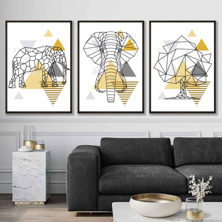 Set of 3 GEOMETRIC YELLOW & Grey ELEPHANT and Tree Art Print for wholesale by Artze Wall Art
