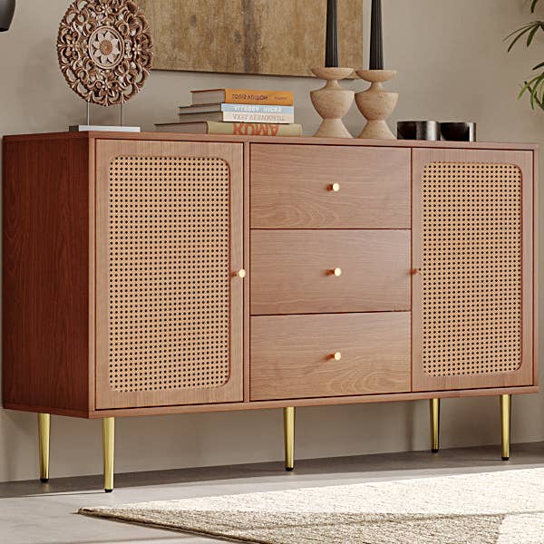 Urban Meuble - Wholesale Cabinet - Walnut wood effect sideboard with 2 doors and 3 rattan drawers, golden legs and handles 150*90*40cm URNO15