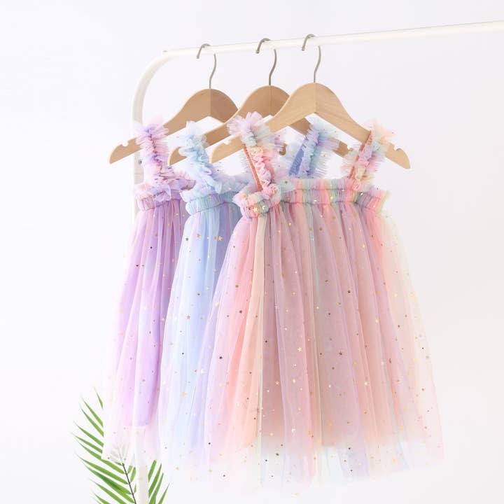 Girls Sequin stars rainbow suspender skirt mesh puffy dress for wholesale by Little Trendy