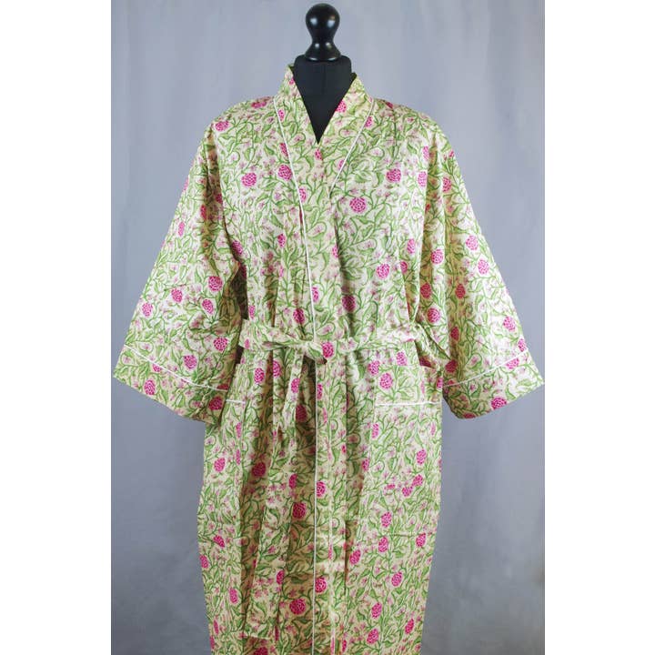 Cotton Kimono Dressing Gown -Pink flowers on Beige for wholesale by Kantha Decor
