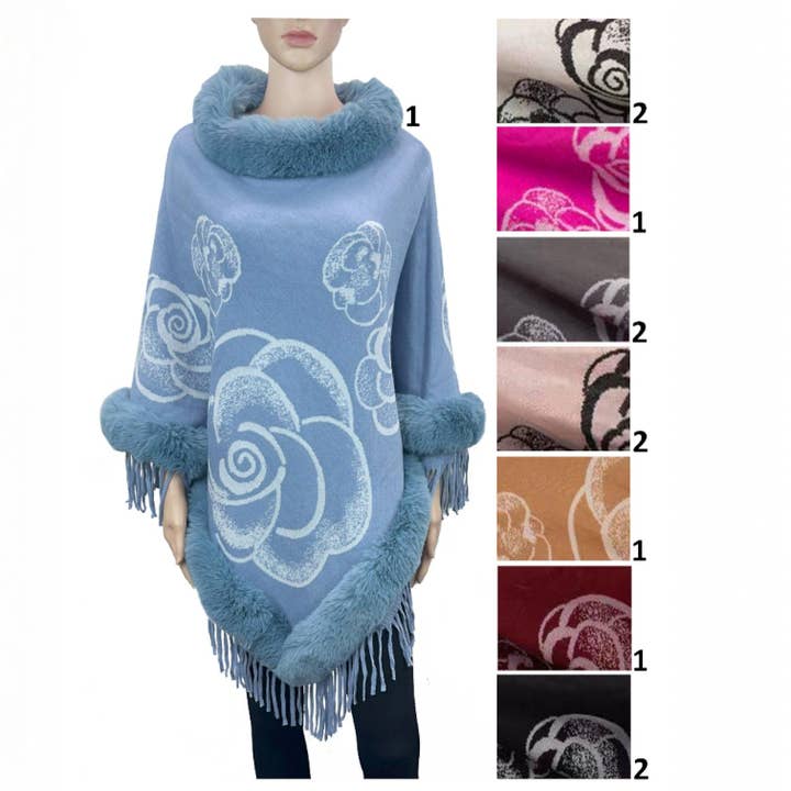 ASSORTED Rose Pattern Fur Fringed Poncho P4609. (12PC) for wholesale on Faire2