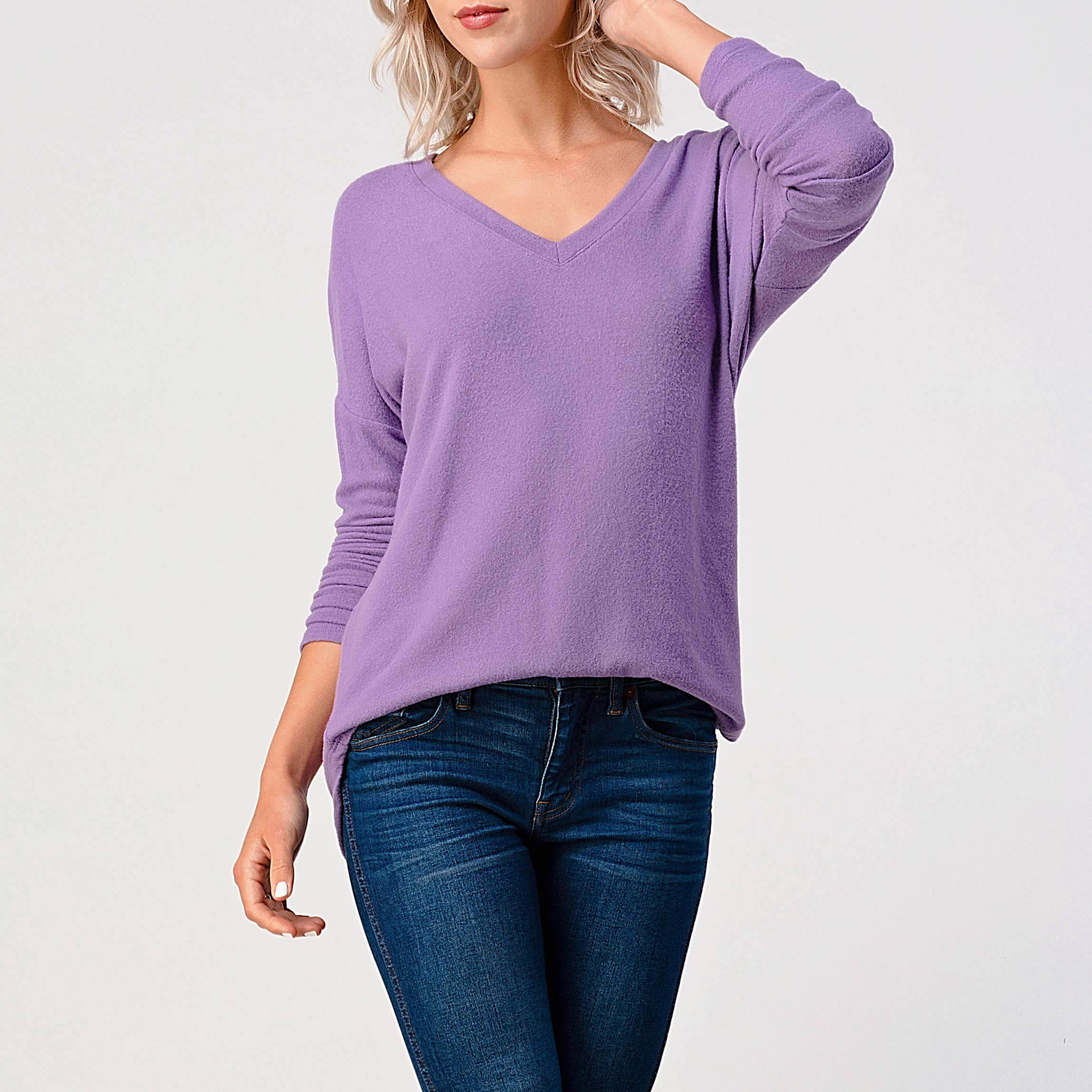 Heimious - Wholesale Knit Top - Women's - Long Sleeve V-neck Brushed Knit Top, 273846